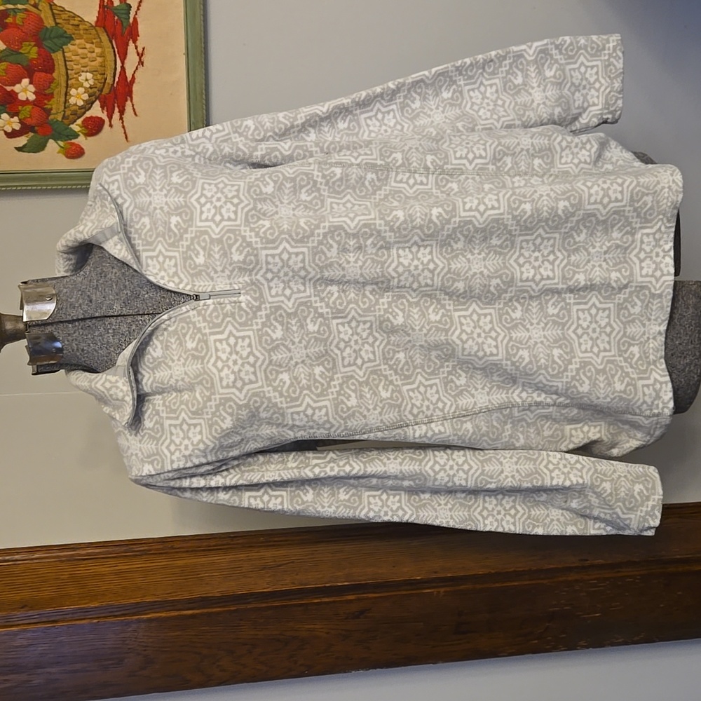 Lands' End Gray and White Zip Up Pullover Fleece